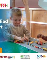 Adroddiad Prosiect Grant Image of two children playing with multi-coloured blocks. Text reads Adroddiad Prosiect Grant